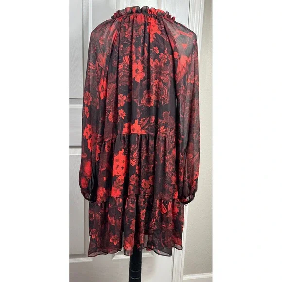 H&M Size 10 Floral Print Tiered‎ Mini Dress Long Sleeve Sheer Red Black Swing - Picture 3 of 11